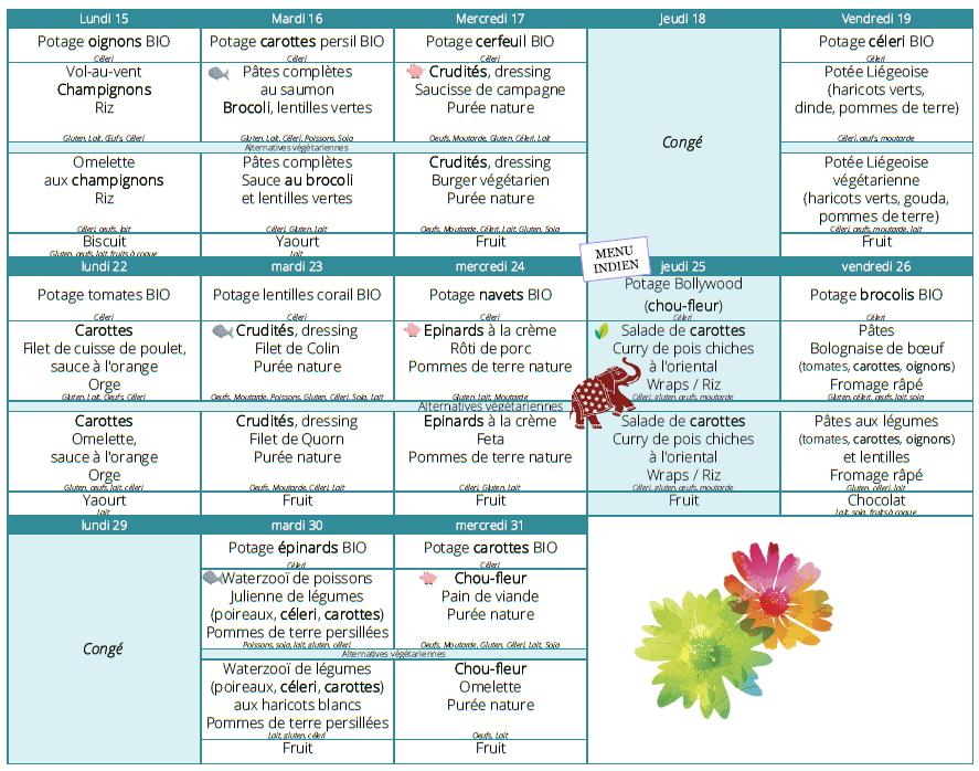 Menu du mois de Mai