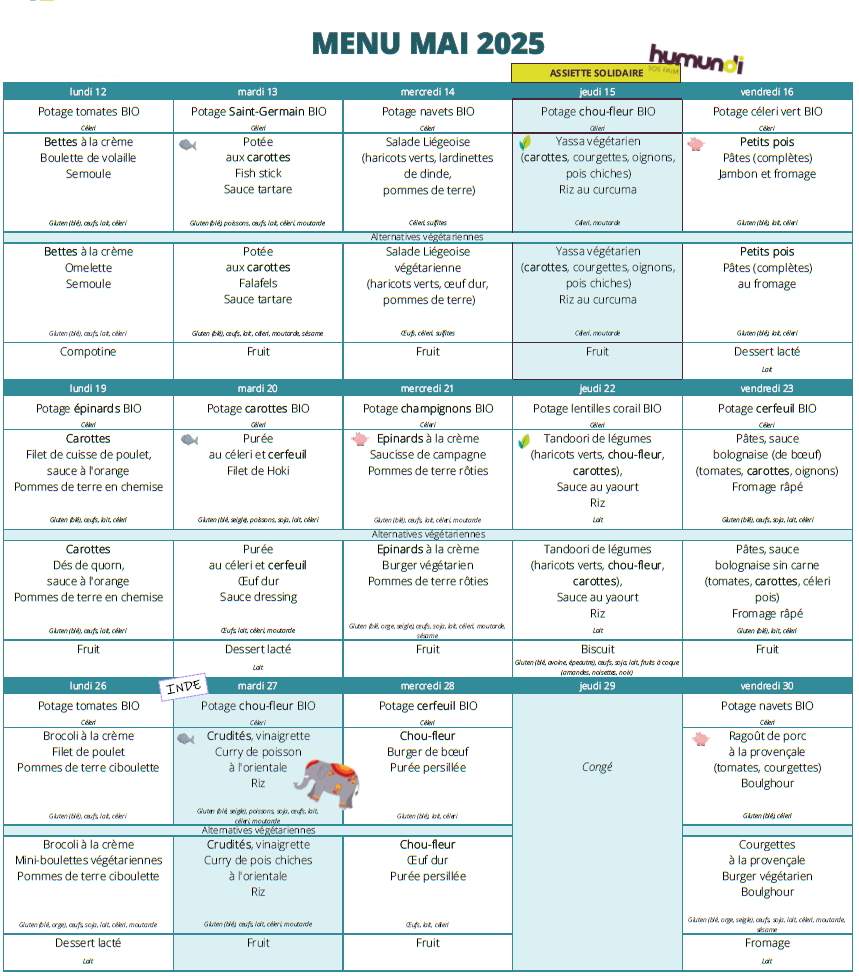 Menu du mois de Mai