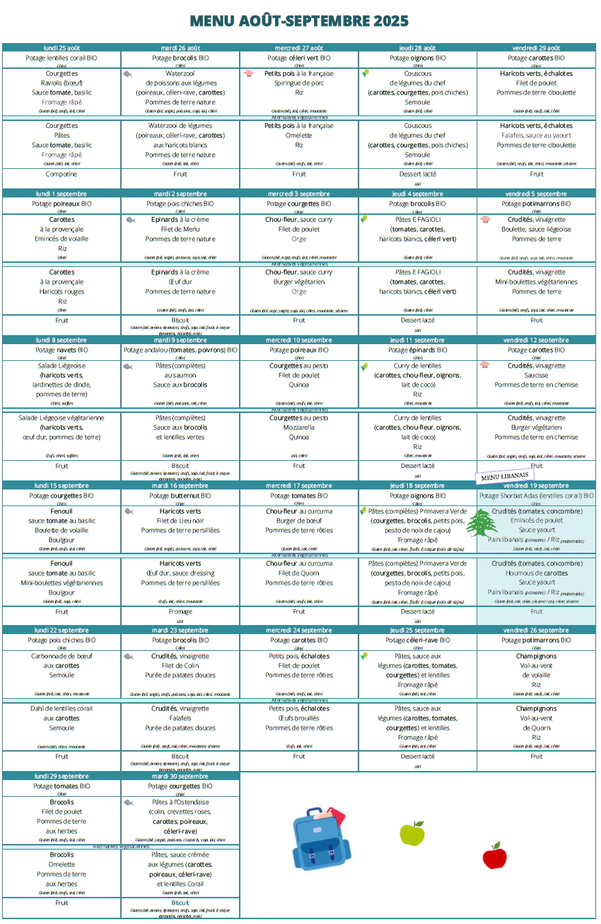 Menu des mois d'Août et Septembre