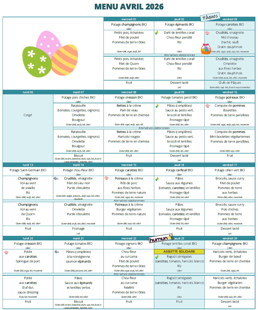 Menu du mois d' Avril
