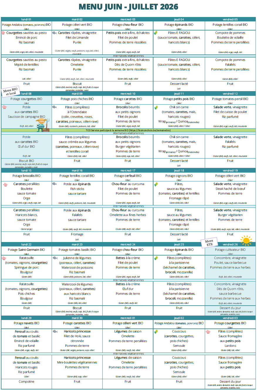 Menu des mois de Juin / Juillet